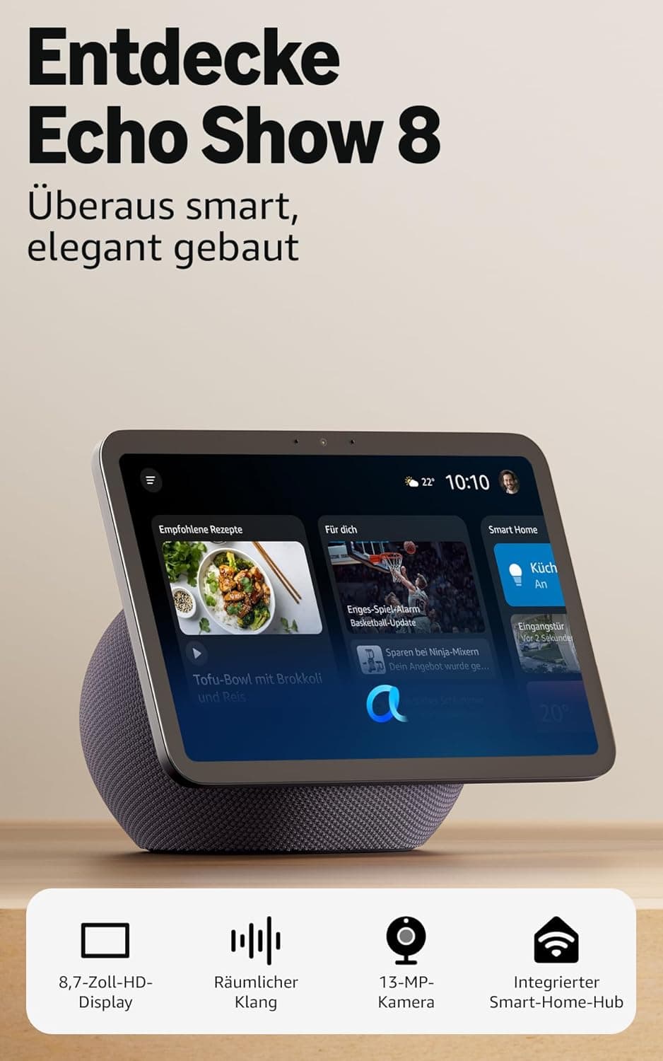 Amazon Echo Show 8 (Gen 4), 8'' дисплей за визуализация, 3D-audio, черен