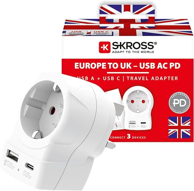 Skross универсален адаптер Europe to UK + 1 x USB A/C порт, 20W 1500283E