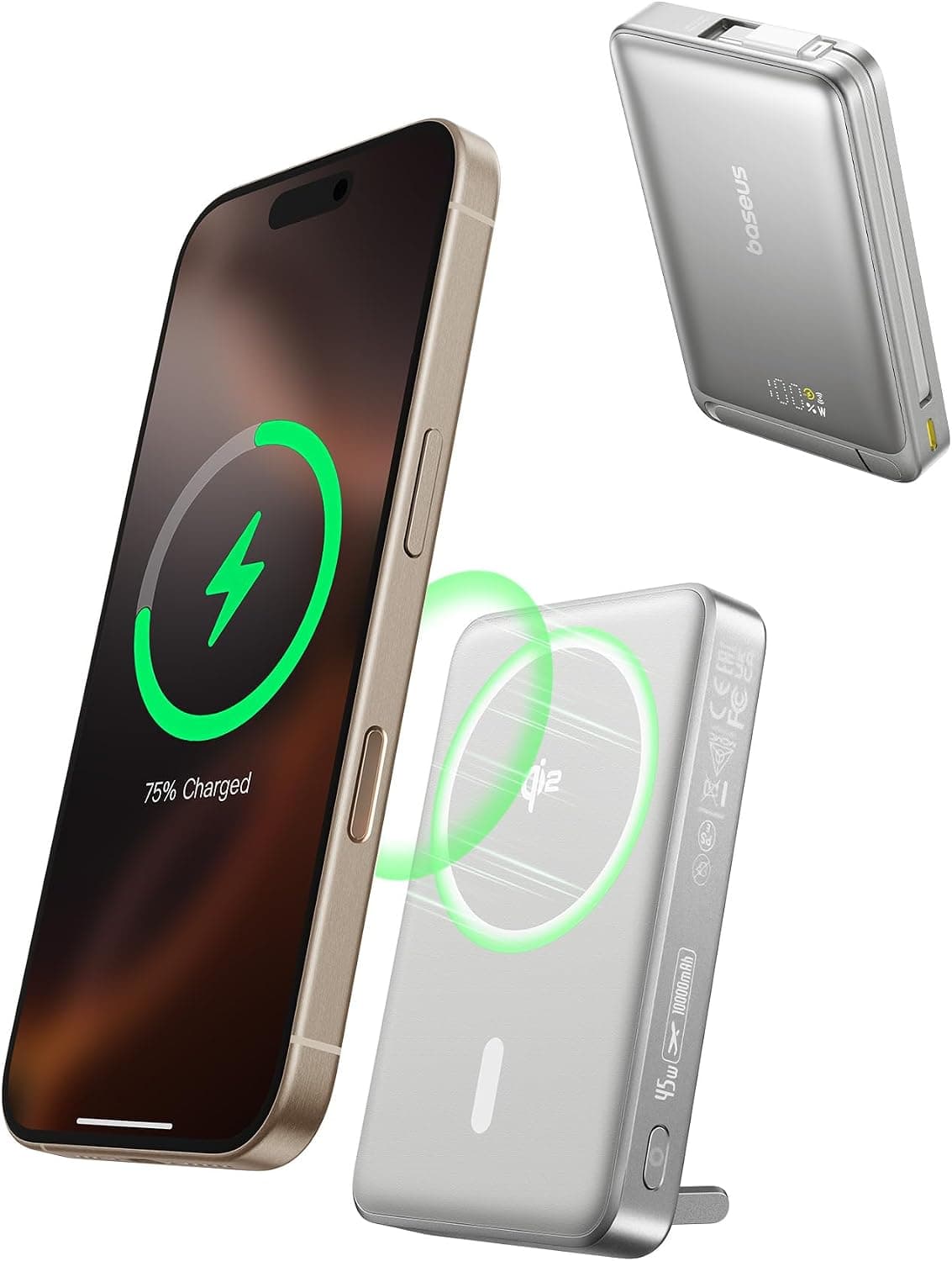 Външна батерия с вграден USB-C кабел, USB-C порт и Qi2 безжично зареждане - Baseus Nomos Qi2 Power Bank 10000 mAh 45W (сив)