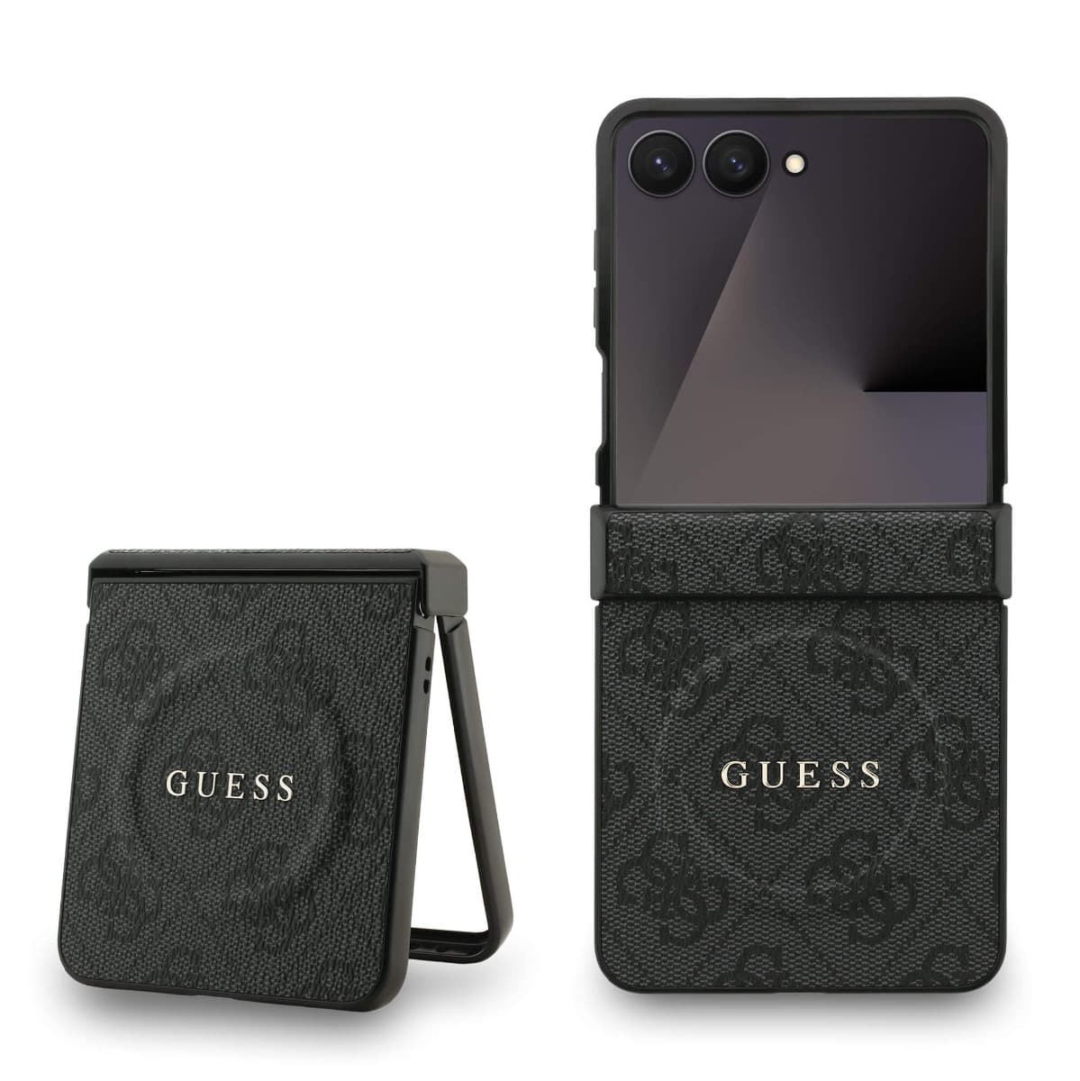 Дизайнерски кожен кейс с MagSafe за Samsung Galaxy Z Flip7 - Guess PU Leather 4G Colored Ring Magnetic Case (черен)