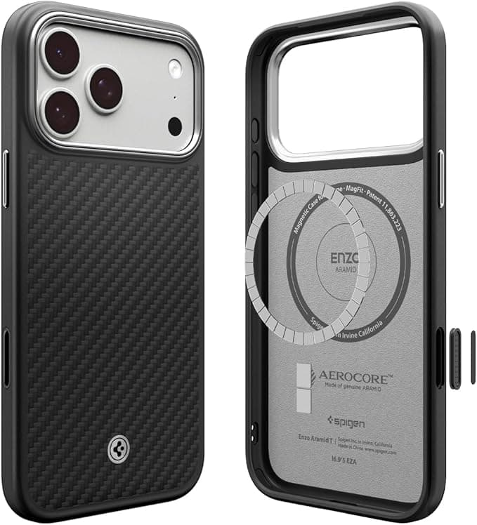 Кевларен кейс с MagSafe за iPhone 17 Pro Max - Spigen Enzo Aramid T MagSafe Case (черен-сребрист)