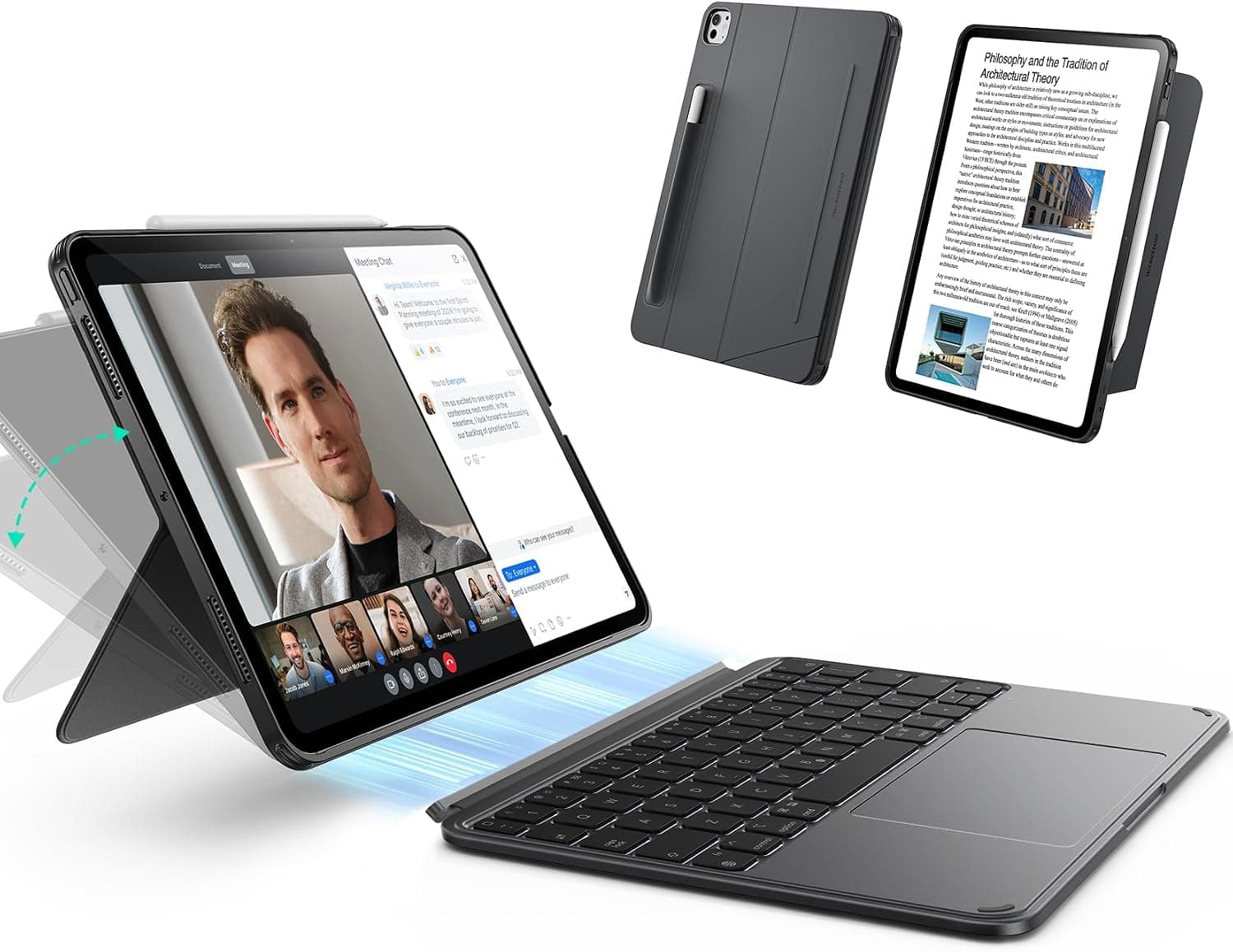 Полиуретанов калъф с отделяща клавиатура и поставка за iPad Pro 11 (2025), iPad Pro 11 (2024) - ESR Shift Magnetic Hybrid Keyboard Case (тъмносив)