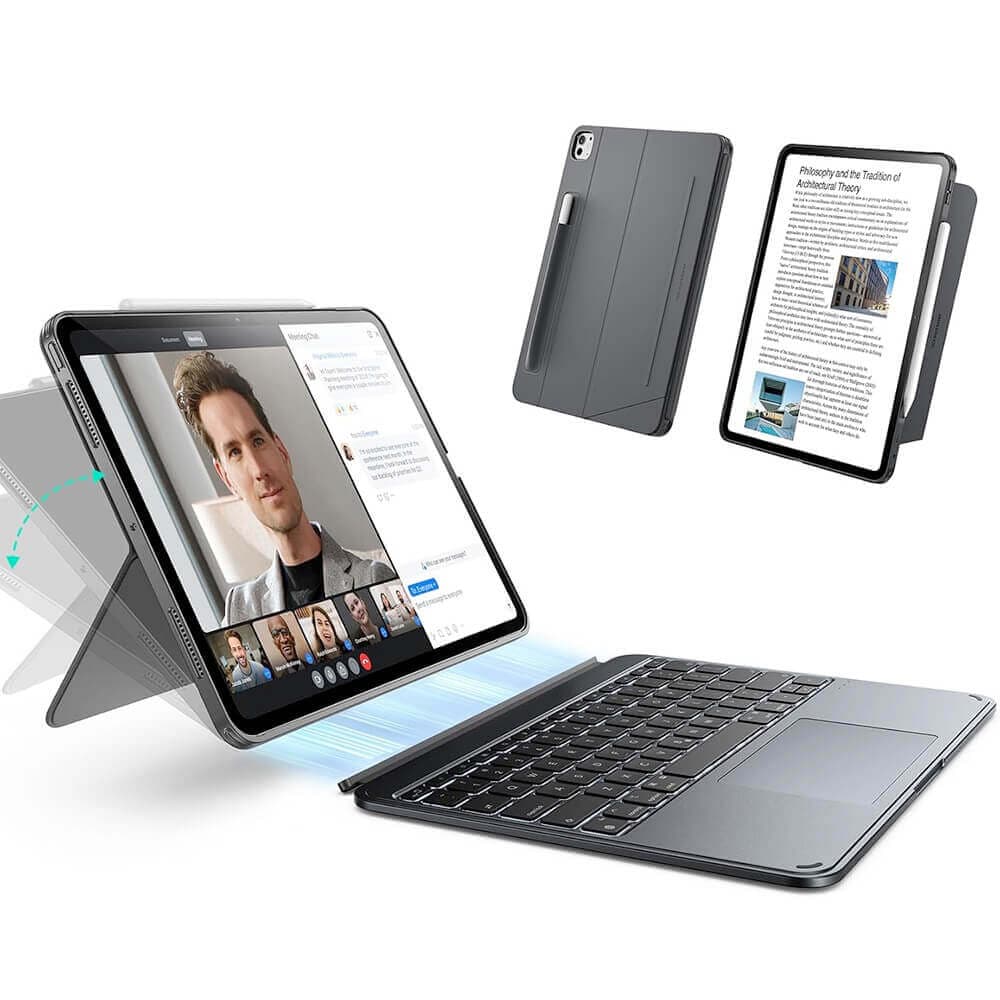 Полиуретанов калъф с отделяща клавиатура и поставка за iPad Air 11 (2025), iPad Air 11 (2024), iPad Air 5 (2022), iPad Air 4 (2020) - ESR Shift Magnetic Hybrid Keyboard Case (тъмносив)
