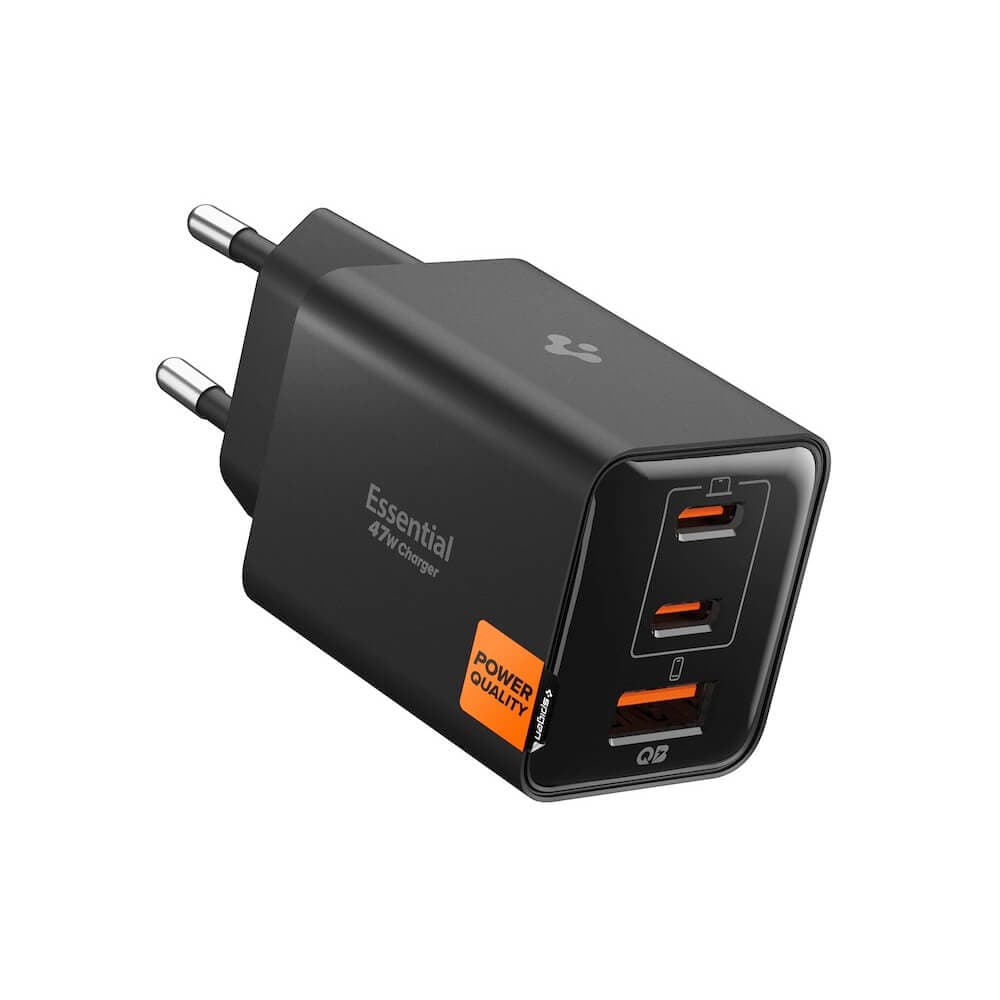 Захранване за ел. мрежа за лаптопи, смартфони и таблети с USB-A и 2xUSB-C изходи с технология за бързо зареждане - Spigen Essential GaN Fast Wall Charger 47W (EE473EU) (черен)