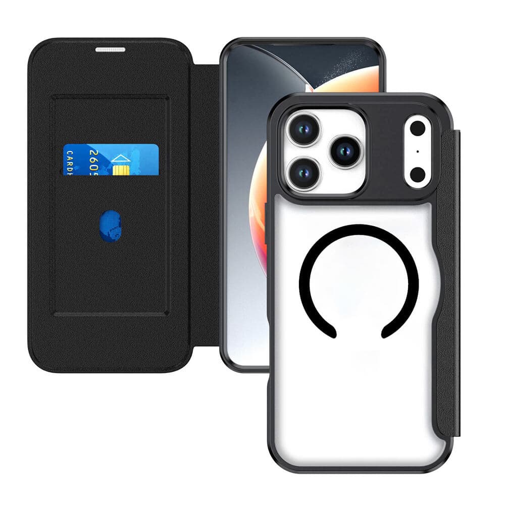 Кожен калъф, тип портфейл с отделение за кр. карти и Magsafe поддръжка за iPhone 17 Pro - 4smarts Urban Pro Flipcase, Qi2 ready (черен)