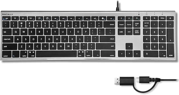 USB-C клавиатура оптимизирана за Mac - Macally Aluminum USB-C Wired Keyboard With USB-A Adapter US (тъмносив)