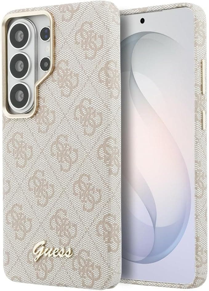 Дизайнерски кожен кейс с MagSafe за Samsung Galaxy S26 Ultra - Guess PU 4G Script Metal Logo Magnetic Case (розов)