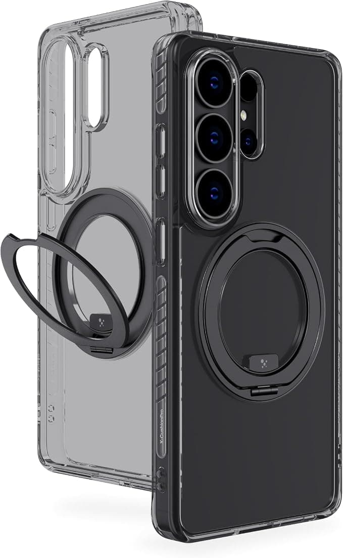 Хибриден удароустойчив кейс с MagSafe за Samsung Galaxy S26 Ultra - AmazingThing Titan Pro MagSpin Hybrid Case (черен-прозрачен)