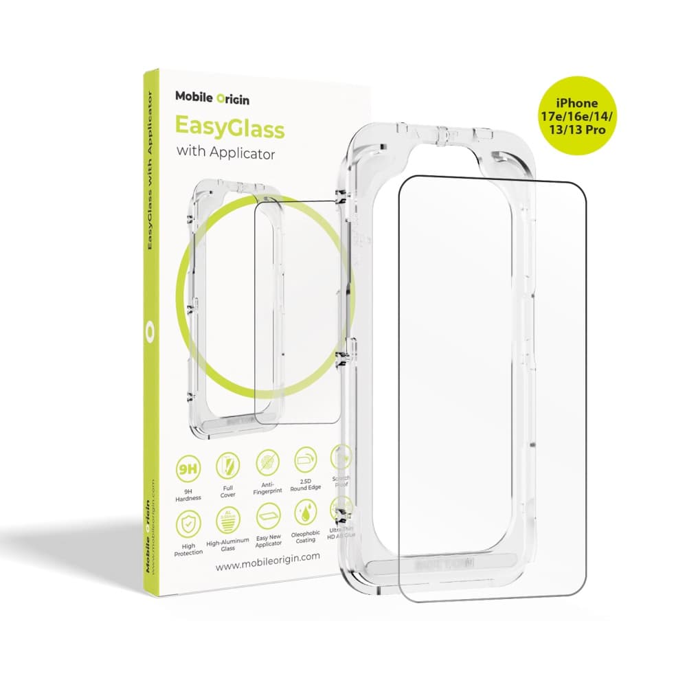 Калено стъклено защитно покритие за дисплея на iPhone 17e, iPhone 16e, iPhone 14, iPhone 13, iPhone 13 Pro - Mobile Origin EasyGlass Full Cover Tempered Glass With Applicator (черен-прозрачен)