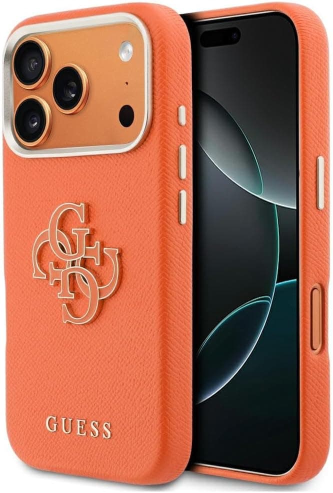Дизайнерски кожен кейс с MagSafe за iPhone 17 Pro - Guess PU Saffiano Resin Logo MagSafe Case (оранжев)