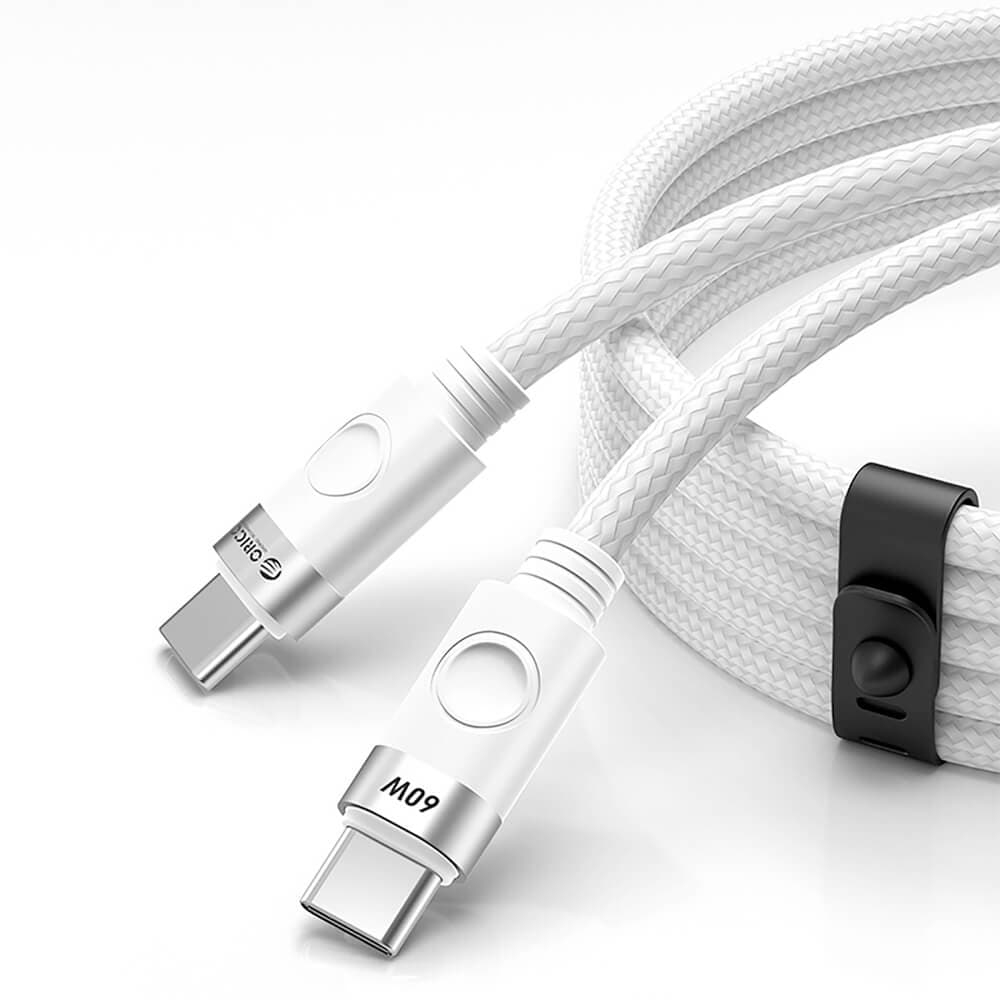 Здрав кабел с въжена оплетка и бързо зареждане за устройства с USB-C порт - Orico USB-C to USB-C Fast Charging Cable 60W (100 см) (бял)