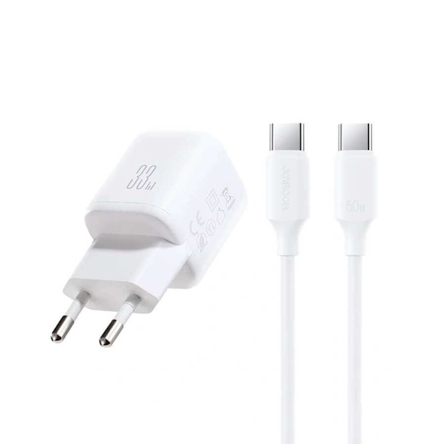 Захранване за ел. мрежа с USB-A и USB-C изходи и технология за бързо зареждане и USB-C към USB-C кабел - Joyroom JR-TG7 Fast Wall Charger 33W With USB-C Cable (бял)