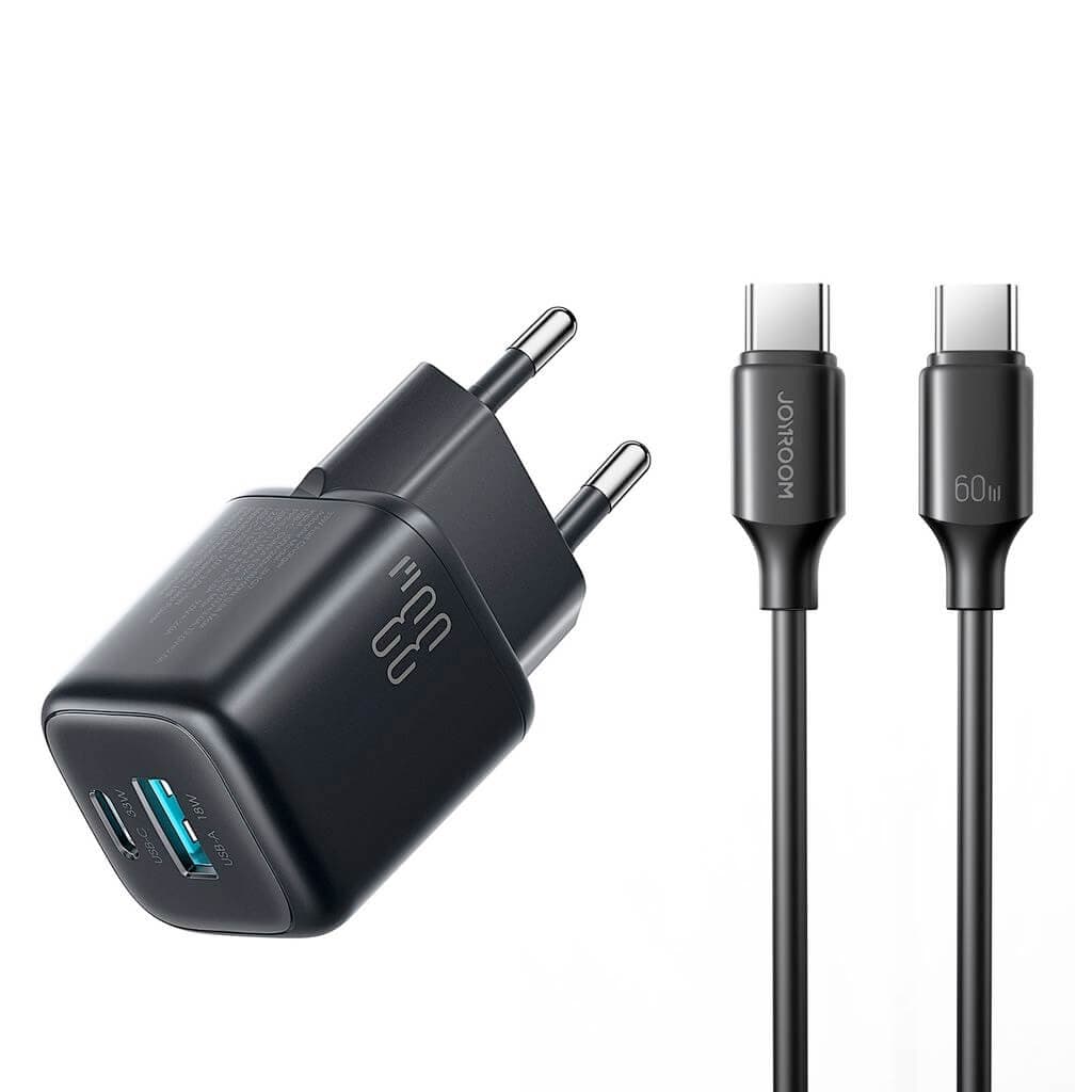 Захранване за ел. мрежа с USB-A и USB-C изходи и технология за бързо зареждане и USB-C към USB-C кабел - Joyroom JR-TG7 Fast Wall Charger 33W With USB-C Cable (черен)