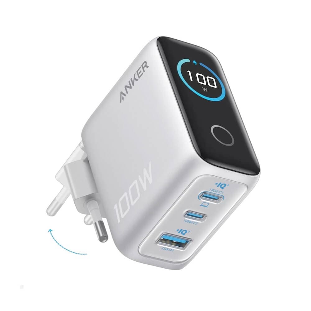 Захранване за ел. мрежа за лаптопи, смартфони и таблети с USB-A и 2xUSB-C изходи с технология за бързо зареждане - Anker Prime GaN Prime Wall Charger Smart Display 100W (сребрист)