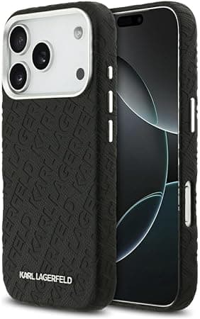 Дизайнерски кожен кейс с MagSafe за iPhone 17 Pro - Karl Lagerfeld PU Grained Repeated Logo MagSafe Leather Hard Case (черен)