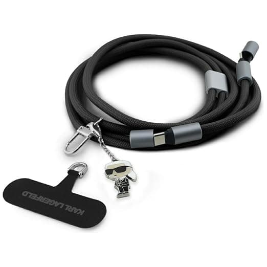 Универсална връзка за носене през врата за смартфони, с вграден USB-C към USB-C кабел - Karl Lagerfeld Ikonik Charm Crossbody Strap With USB-C Cable (черен) (150 см)