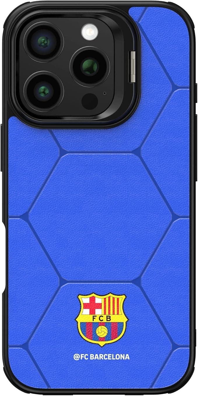 Дизайнерски кожен кейс с MagSafe за iPhone 16 Pro - FC Barcelona Official Magnetic Leather Case (син)