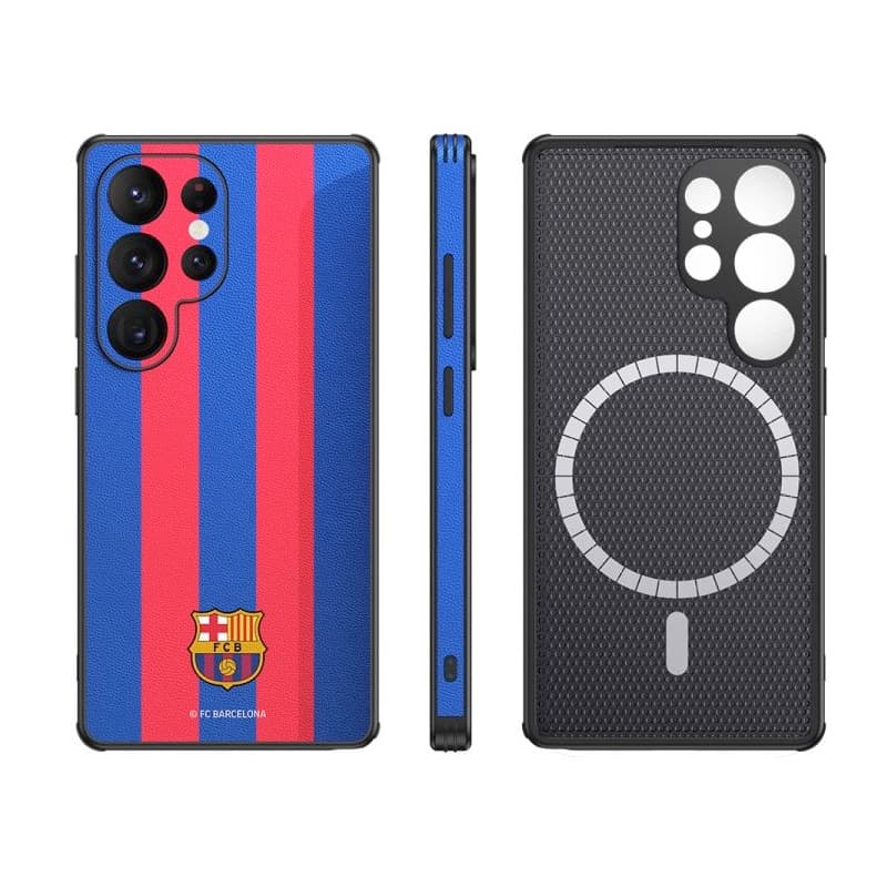 Дизайнерски кожен кейс с MagSafe за Samsung Galaxy S25 Ultra - FC Barcelona Official Magnetic Leather Case (син-червен)