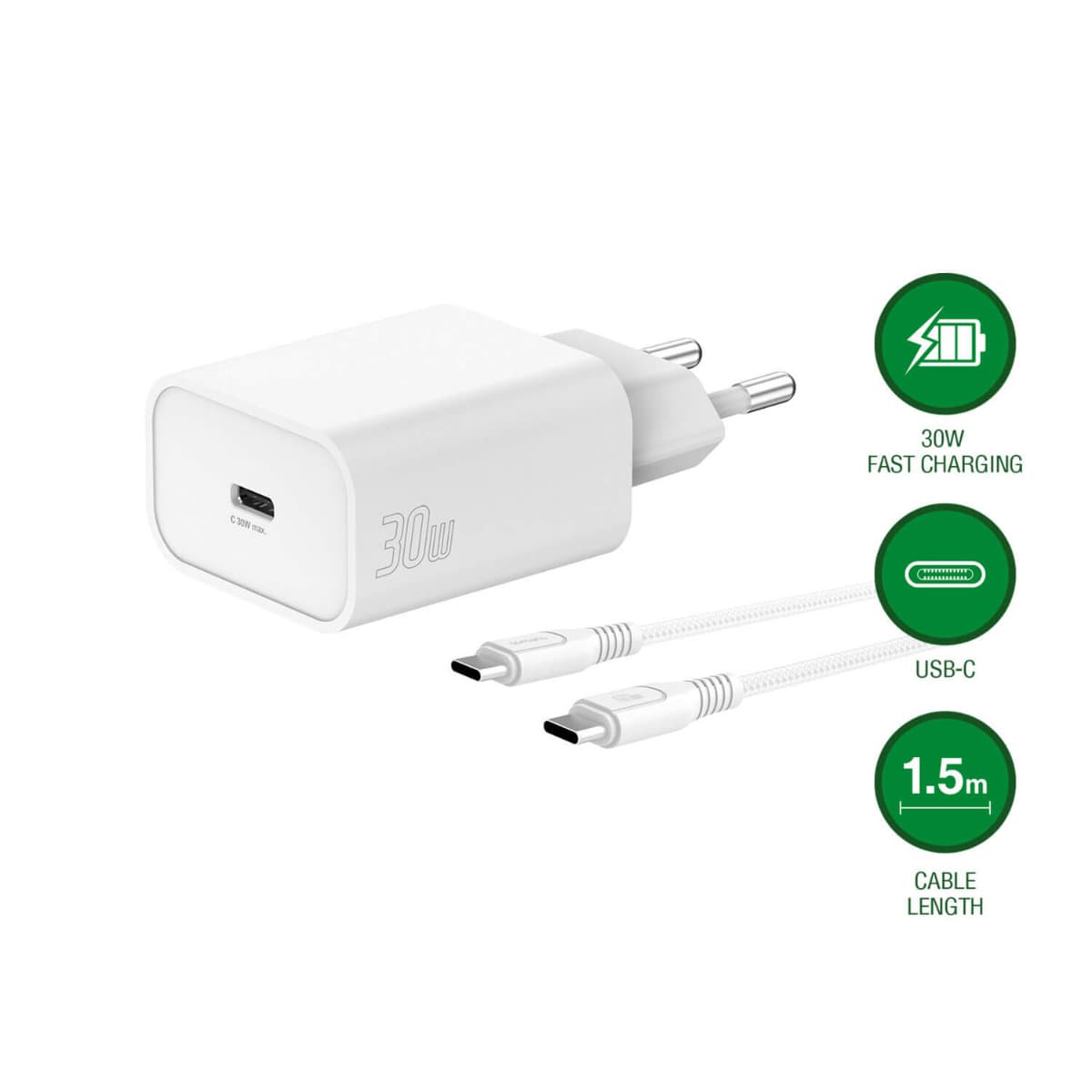 Захранване за ел. мрежа с USB-C изход, технология за бързо зареждане и USB-C към USB-C кабел - 4smarts Wall Charger VoltPlug PD 30W 1C (бял)