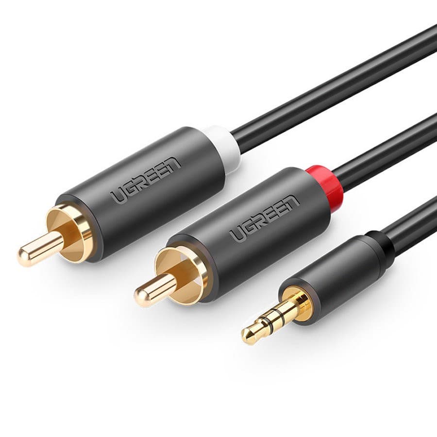 Качествен аудио кабел 2xRCA (мъжко) към 3.5mm (мъжко) (1.5 метра) - Ugreen AV102 2xRCA Male to 3.5mm Male Audio Cable (тъмносив)