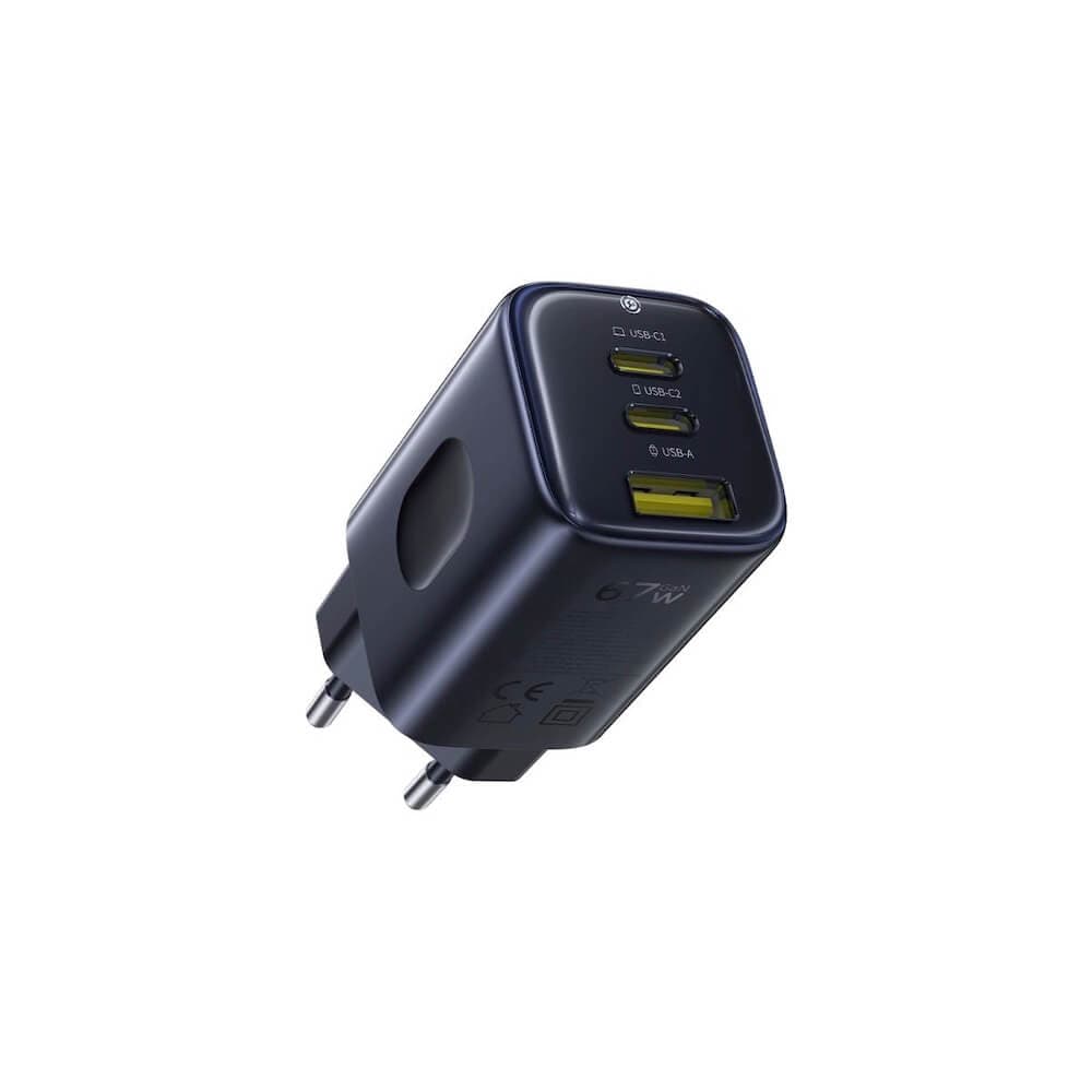 Захранване за ел. мрежа за лаптопи, смартфони и таблети с USB-A и 2xUSB-C изходи с технология за бързо зареждане - Baseus PicoGo AE11 GaN Triple Fast Wall Charger 67W (E0121200) (черен)