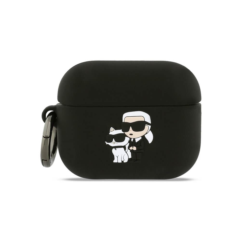 Силиконов калъф с карабинер за Apple AirPods Pro 3 - Karl Lagerfeld 3D Logo NFT Karl and Choupette Silicone Case (черен)