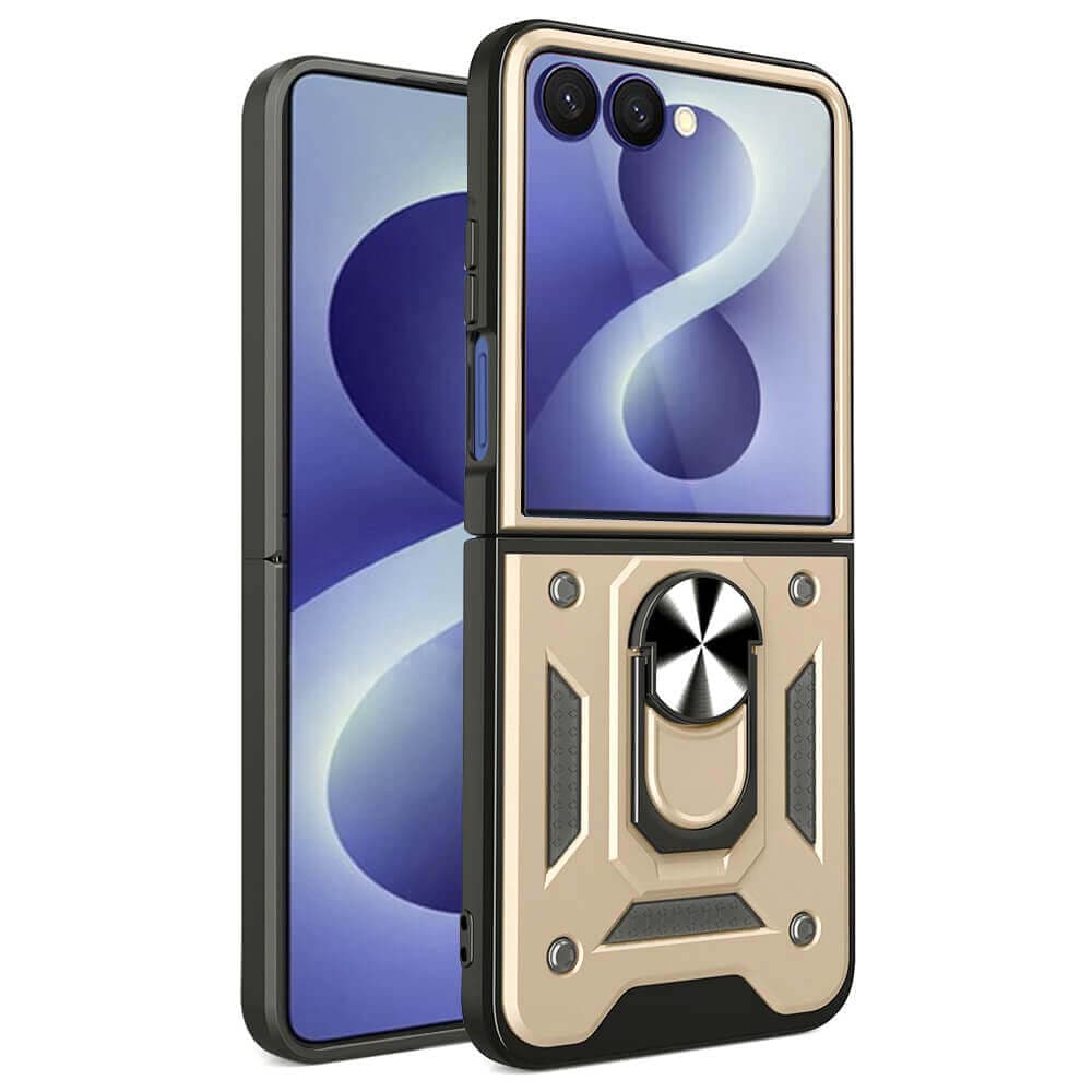 Хибриден удароустойчив кейс с пръстен против изпускане за Samsung Galaxy Z Flip8 - Techsuit CamShield Case (златист)