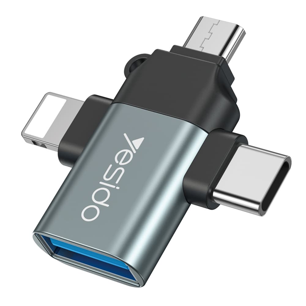 Женски USB 3.2 адаптер към мъжки USB-C, Lightning и microUSB за мобилни устройства - Yesido GS15 USB-A 3.0 Female To USB-C, Lightning Male and MicroUSB OTG Adapter