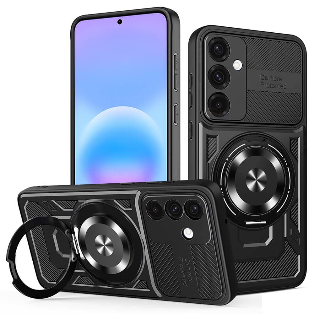 Хибриден удароустойчив кейс с вградена поставка и MagSafe за Samsung Galaxy A57 5G - Techsuit RuggedCam MagSafe Hybrid Case (черен)