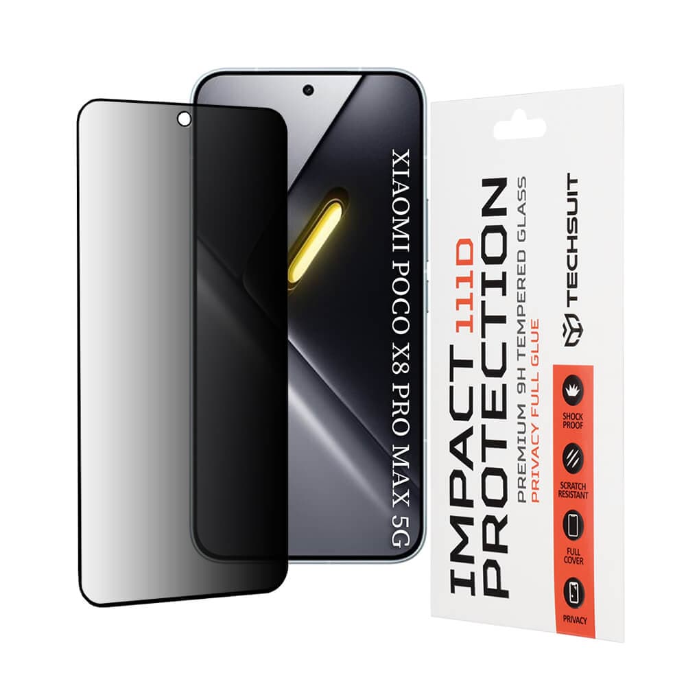 Калено стъклено защитно покритие с определен ъгъл на виждане на Xiaomi Poco X8 Pro Max - Techsuit Privacy Full Glue Tempered Glass 111D (черен-прозрачен)