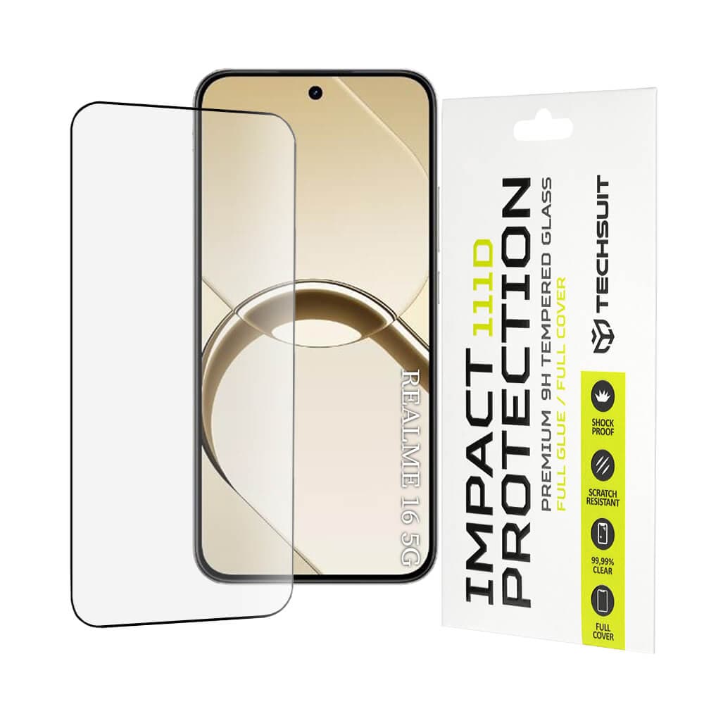 Калено стъклено защитно покритие за дисплея на Realme 16 5G - Techsuit Full Glue Tempered Glass 111D (черен-прозрачен)