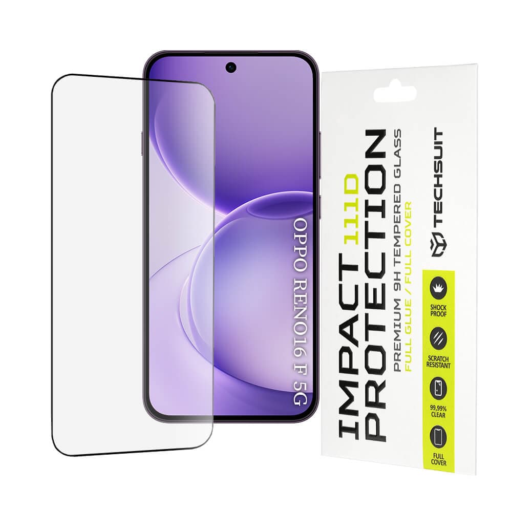 Калено стъклено защитно покритие за дисплея на Oppo Reno16 F, Reno16 FS - Techsuit Full Glue Tempered Glass 111D (черен-прозрачен)