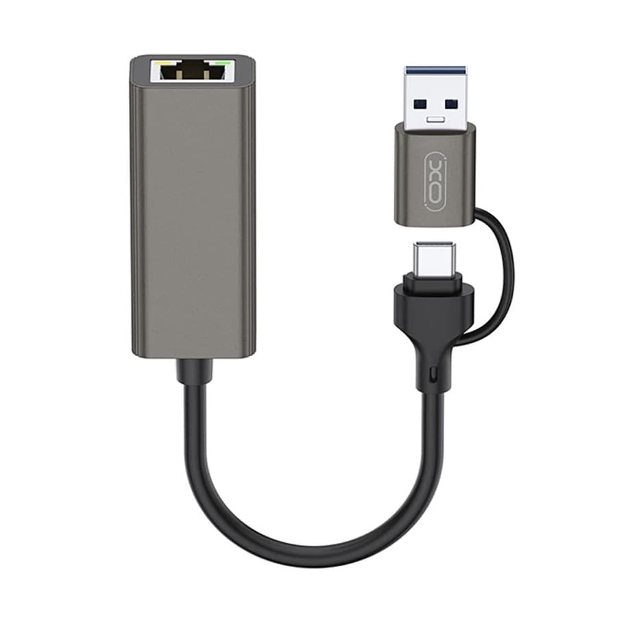 Адаптер за свързване от USB-C или USB-A към Ethernet жичен интернет - XO Design HUB018 USB-A and USB-C to Ethernet Adapter RJ45 100Mbps (тъмносив)