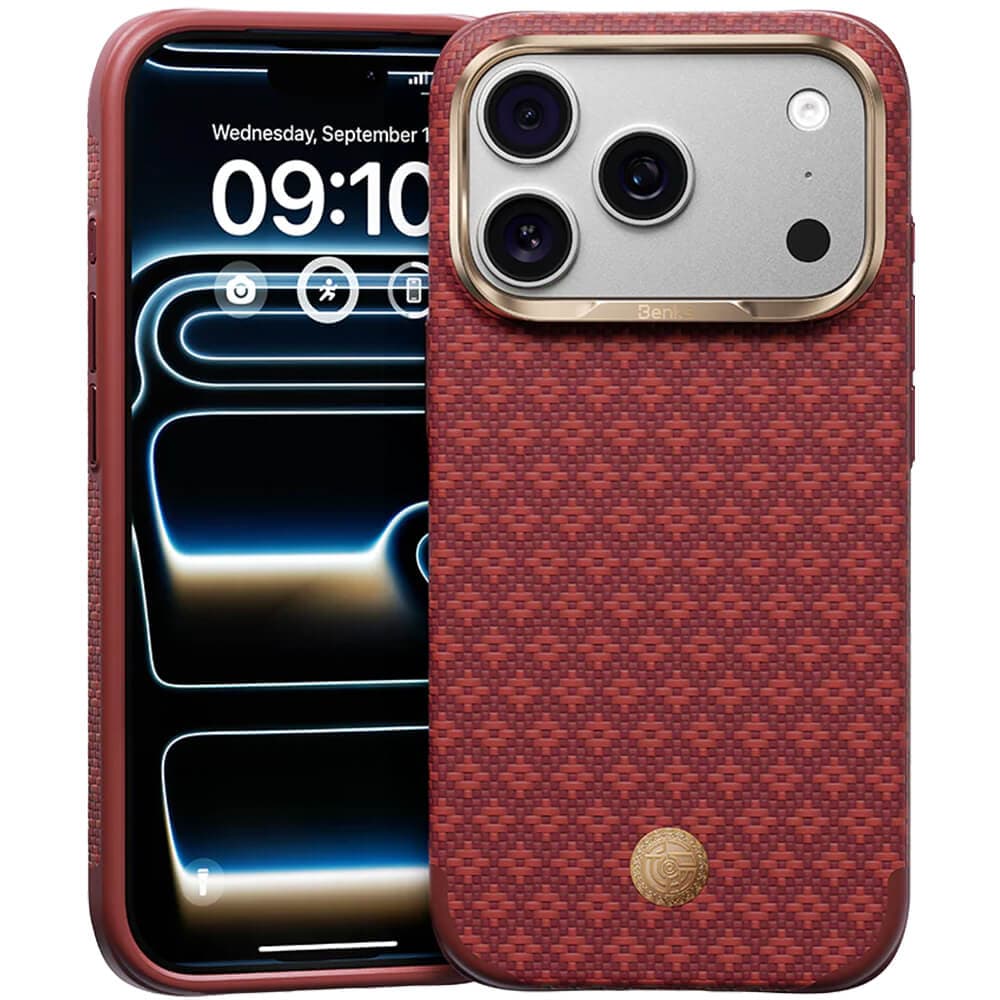 Удароустойчив кевларен кейс с MagSafe за iPhone 18 Pro Max, iPhone 17 Pro Max - Benks Magnetic ArmorGrid Kevlar Case Metal Frame Case 600D (червен)