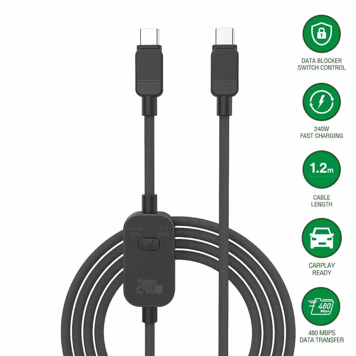 Здрав кабел с въжена оплетка и Data Blocker за устройства с USB-C порт - 4smarts PrivacyCord USB-C to USB-C Cable 240W (120 см)