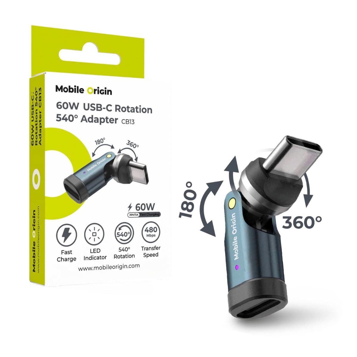 Въртящ адаптер от USB-C женско към USB-C мъжко за мобилни устройства с USB-C порт - Mobile Origin CB13 USB-C to USB-C 540 Rotation Adapter 60W