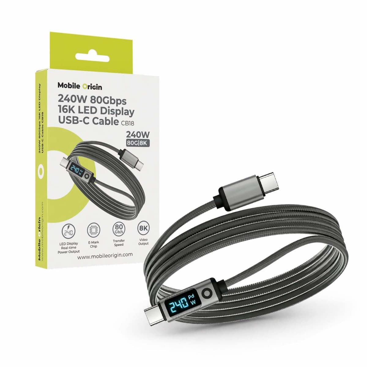 Здрав кабел с LED дисплей и бързо зареждане за устройства с USB-C порт - Mobile Origin CB18 LED Display USB-C to USB-C Cable PD 240W, 80Gbps, 8K 60Hz (150 см)
