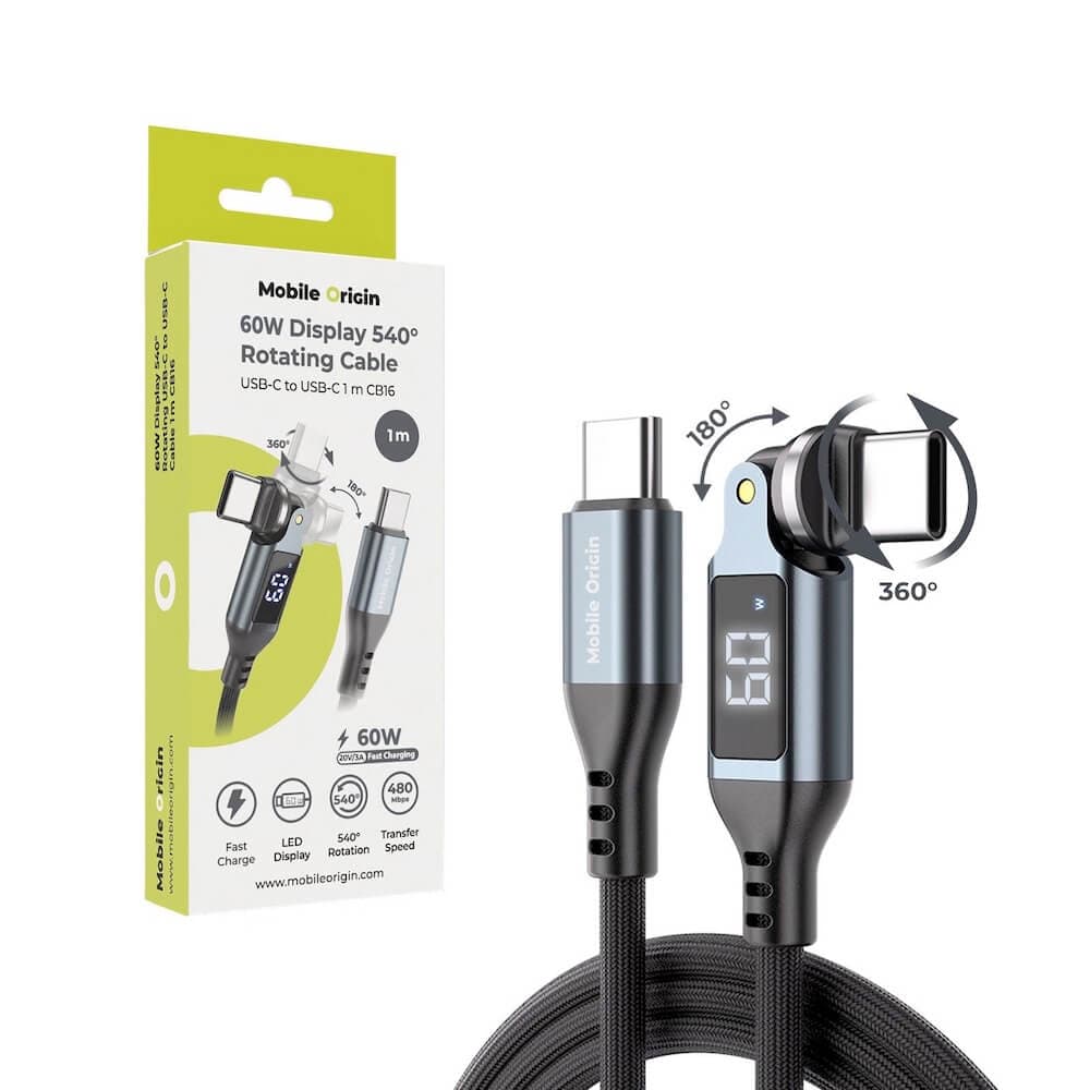 USB-C към USB-C кабел с въртящ се конектор и LED дисплей за устройства с USB-C - Mobile Origin CB16 Display Rotating Cable USB-C to USB-C Cable 60W (черен) (100см)