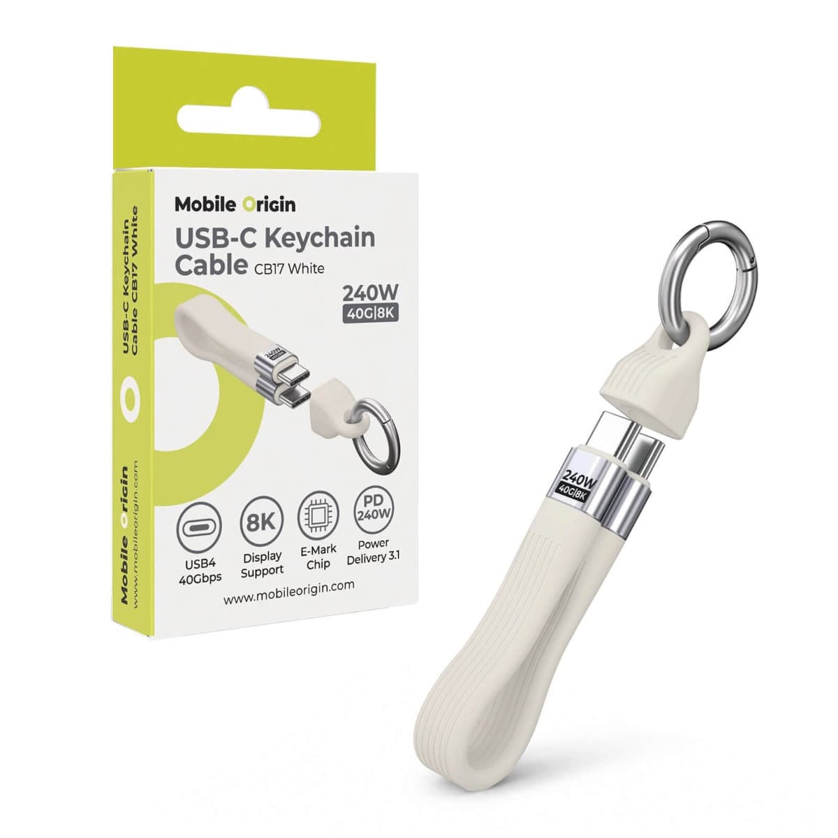 USB4 кабел тип ключодържател за устройства с USB-C порт - Mobile Origin CB17 Keychain USB4 USB-C to USB-C Cable 240W (бял)