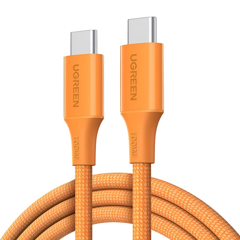 Кабел с въжена оплпетка и бързо зареждане за устройства с USB-C порт - Ugreen USB-C to USB-C Cable 100W (100 см) (оранжев)