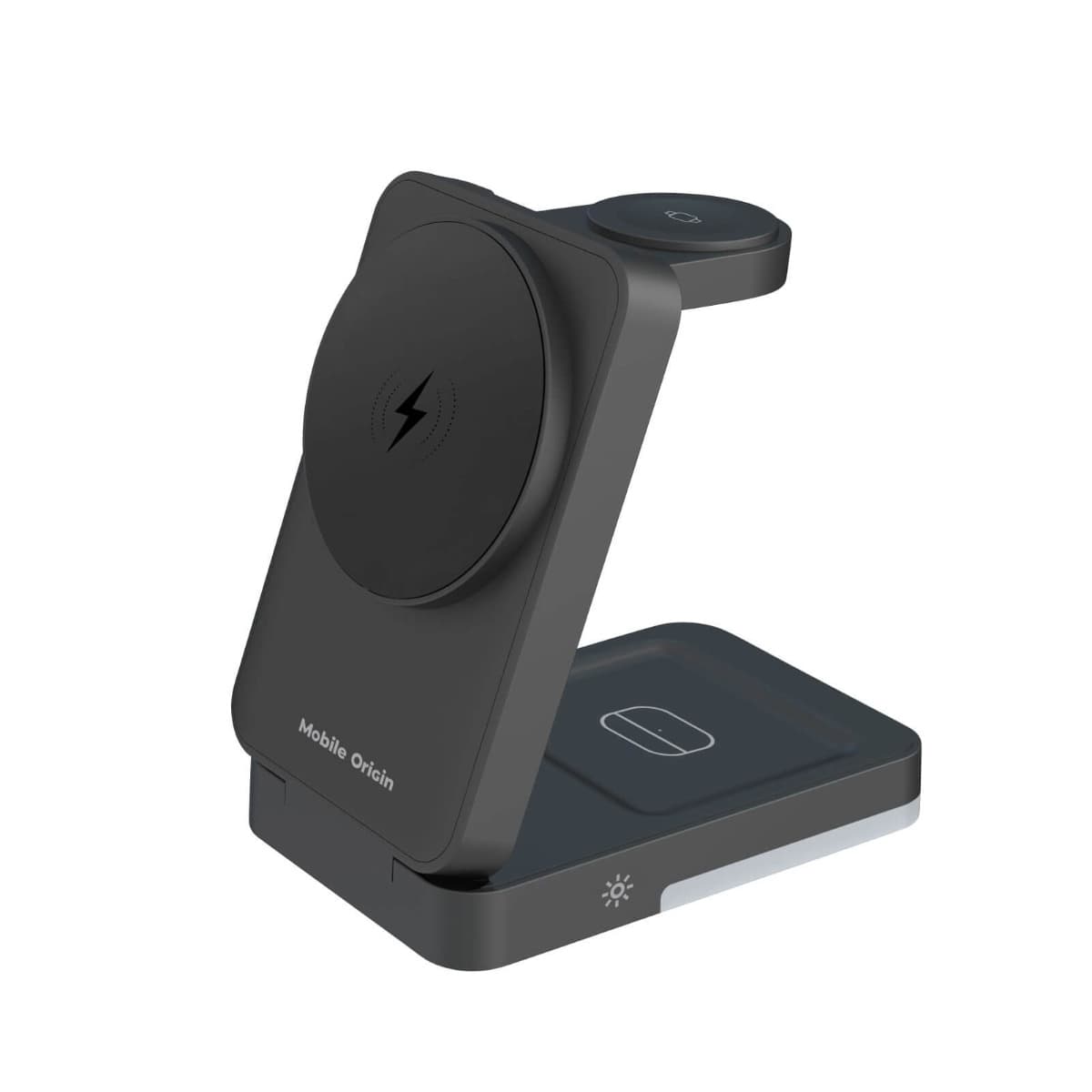 Тройна сгъваема поставка (пад) за безжично зареждане за iPhone с MagSafe, Apple Watch, AirPods - Mobile Origin 3in1 PW28 Foldable Charging Stand with light