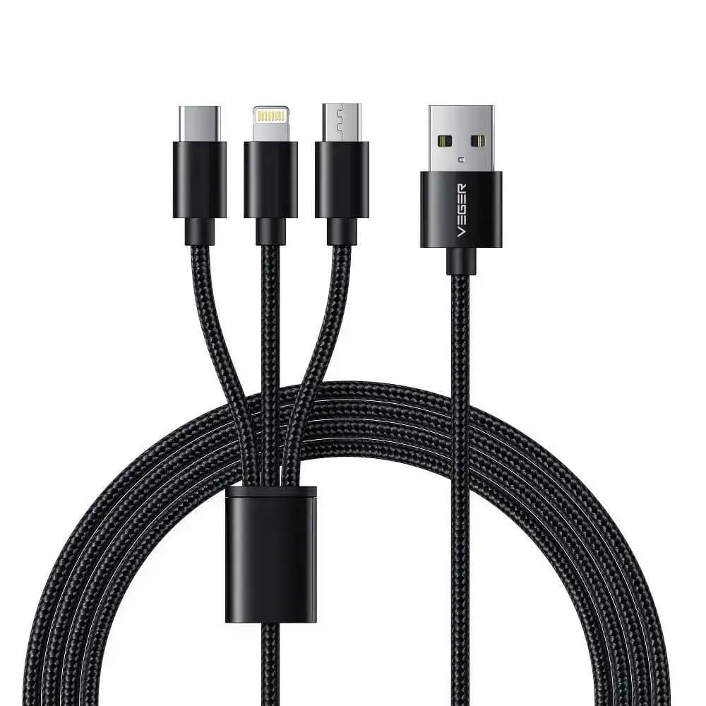 Универсален USB кабел с Lightning, microUSB и USB-C конектори - Veger V303 Premium 3-in-1 USB Cable 2.4A (черен) (150 см)