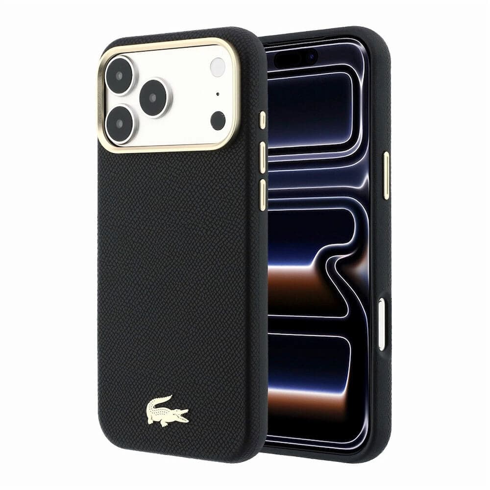 Дизайнерски кожен кейс с MagSafe за iPhone 18 Pro Max, iPhone 17 Pro Max - Lacoste PU Champs Elysees Gold Logo MagSafe Leather Hard Case (черен)