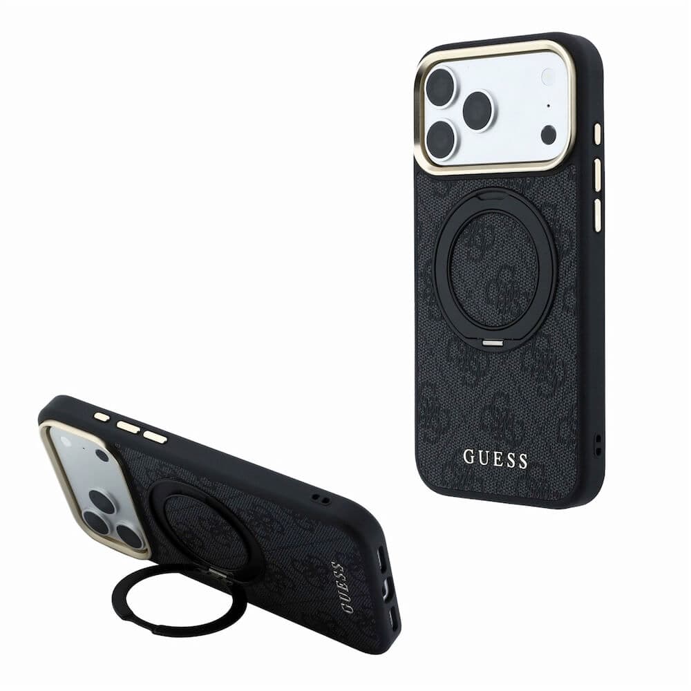 Дизайнерски кожен кейс с MagSafe за iPhone 18 Pro, iPhone 17 Pro - Guess PU 4G Ring Stand MagSafe Leather Hard Case (black)