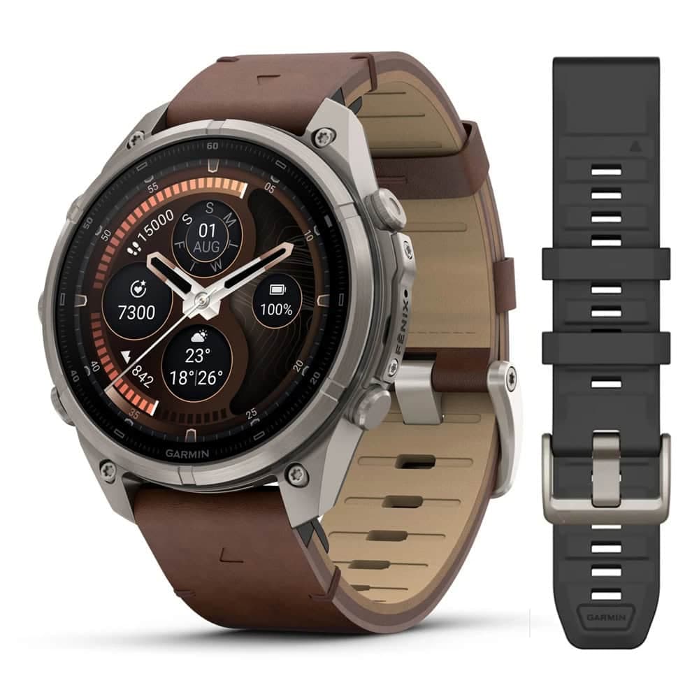 Смарт часовник Garmin Fenix 9 Pro, 47mm, 1.4" (3.55cm) AMOLED дисплей, Bluetooth/Wi-Fi, 64GB Flash памет, сензор за дълбочина, изгорени калории, хидратация, 10ATM водоустойчивост, до 18 дни време на работа, сив с кафява каишка