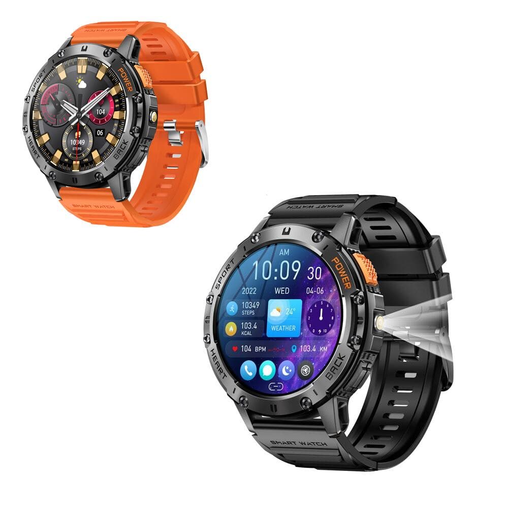 Смарт часовник Xmart HK65, 1.43" (3.63cm) AMOLED дисплей, Bluetooth, сензор за следене на кислород в кръвта и калории, до 4 дни живот на батерията, спортни режими, вградено фенерче, черен с черна/оранжева каишка