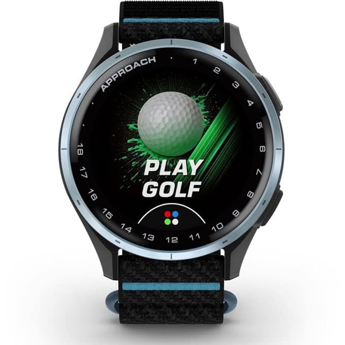 Смарт часовник Garmin Approach J1, за голф, 1.2" (30.4mm) AMOLED дисплей, GPS, 4GB Flash памет, функции за голф, жироскоп, акселерометър, 5ATM защита, до 10 дни време на работа, Cloud blue алуминиев безел с black/azure ComfortFit каишка