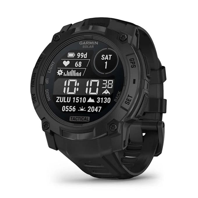 Смарт часовник Garmin Instinct 3 - 50mm Solar Tactical Edition, дизайн с два прозореца, 1.1" x 1.1" (27.0 cm) MIP дисплей, Bluetooth, ANT+, GPS, 128MB вградена памет, вградено фенерче, компас, 10ATM, до 40 дни време на работа, черен