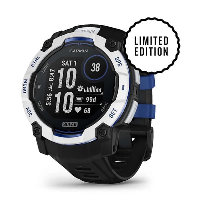 Смарт часовник Garmin Instinct 3 - 50mm Solar, дизайн с два прозореца, 1.1" x 1.1" (27.0 cm) MIP дисплей, Bluetooth, ANT+, GPS, 128MB вградена памет, вградено фенерче, компас, 10ATM, до 40 дни време на работа, черно-бял