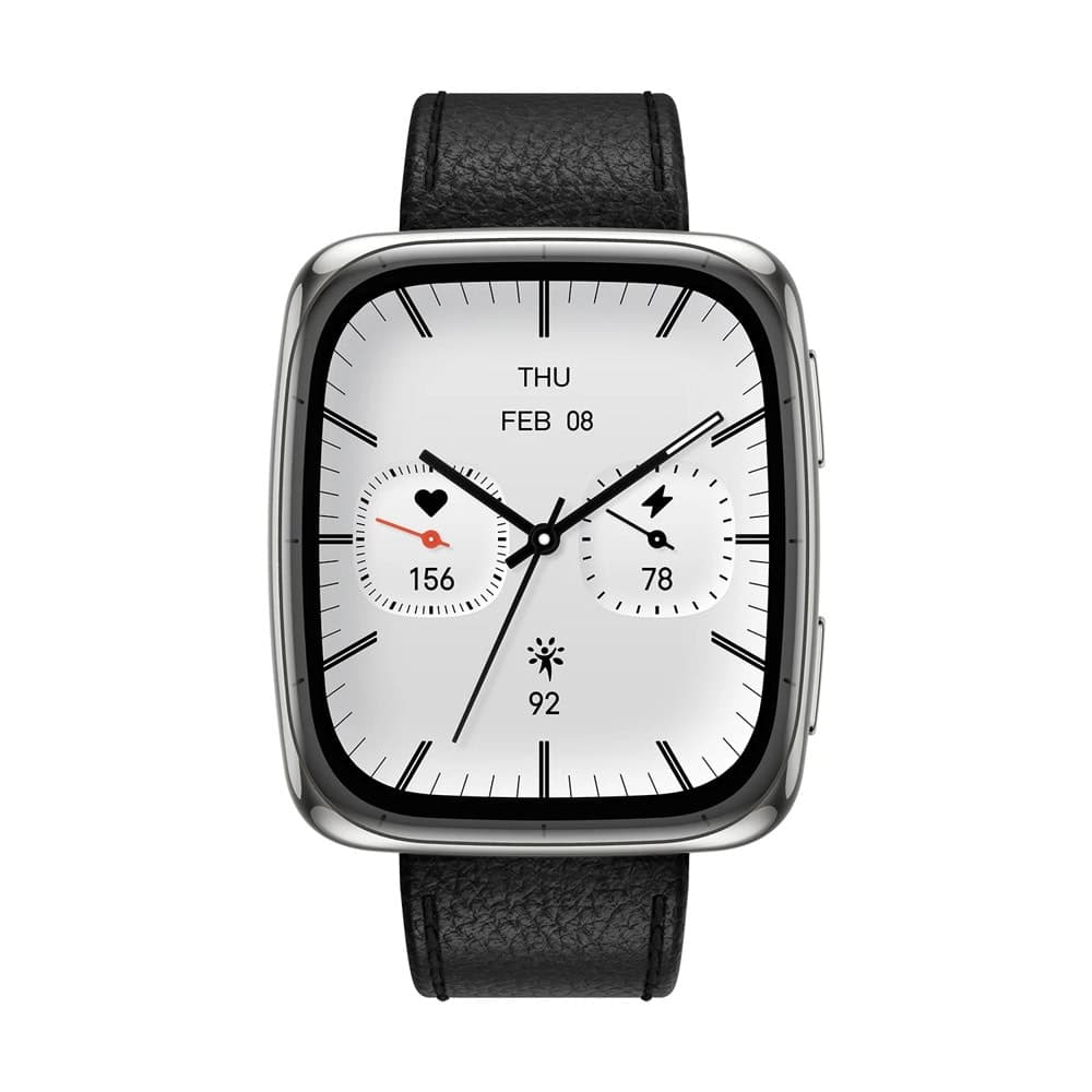 Смарт часовник Amazfit Active 2 Square, 1.75" (4.44cm) AMOLED дисплей, Bluetooth, жироскоп, сензор за околна светлина, геомагнитни свойства, 5АТМ водоустойчивост, до 10 дни живот на батерията, над 160 спортни режима, гласов контрол, черен